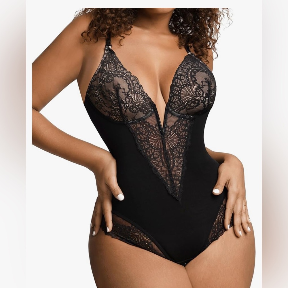 New Popilush Shapewear Bodysuit Tummy Control Lace Corset Body Suit Black